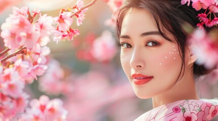 Naklejka premium beautiful asian woman with a perfect face next to a pink sakura tree