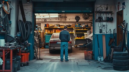 Fototapeta premium A mechanic stands near a car in a well-used and cluttered garage, surrounded by various tools and equipment, indicating a typical day in a repair workshop.