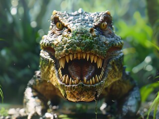 A Carnivore Lurking in the Lush Green Undergrowth, A Close Up View of a Predator's Face, Sharp Teeth and Intense Gaze, A Stunning Image of Nature's Raw Power