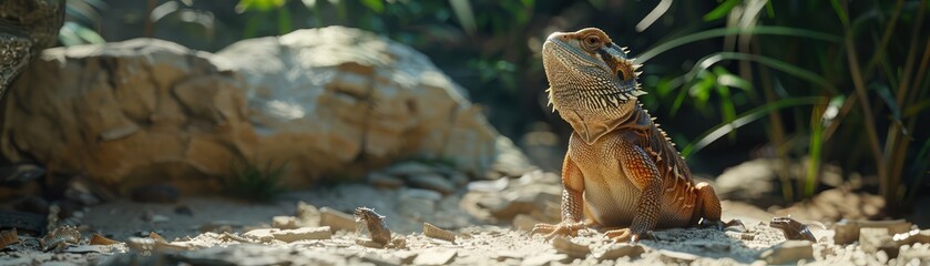 A Close-Up of a Brown Lizard Acting as a Carnivore in Its Natural Habitat, with Rocks and Green Plants in the Background The Lizard is Sitting on the Ground and Looking Up This Image Captures the
