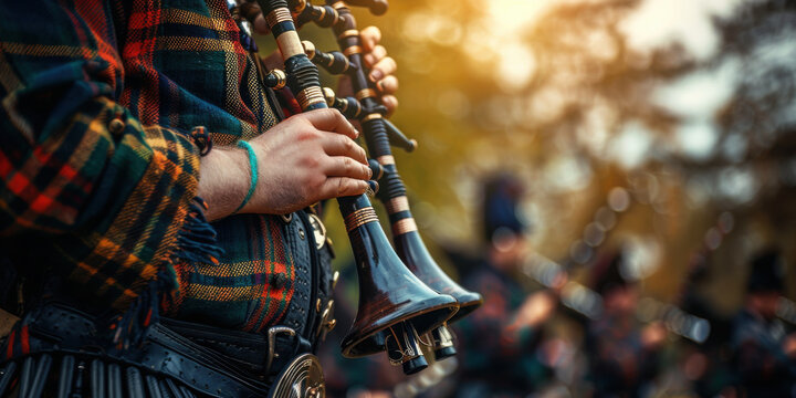 A close-up of a Scottish bagpiper playing the bagpipes in traditional attire during an outdoor event with blurred background.