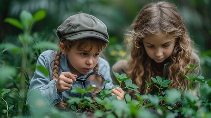 Two young explorers venture into the greenery of a forest, using a magnifying glass to closely examine the wonders of nature around them. Their curiosity is captured amidst the vibrant flora.