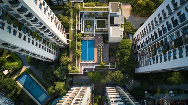 An astonishing aerial view of a modern apartment complex featuring a central pool area, showcasing a contemporary urban living space with lush greenery and innovative architecture.