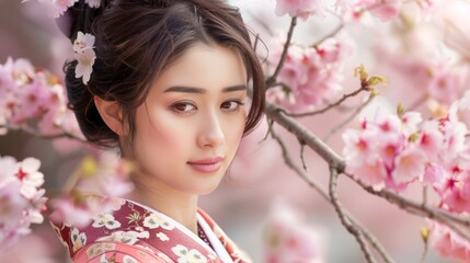 Fototapeta premium beautiful asian woman with a perfect face next to a pink sakura tree