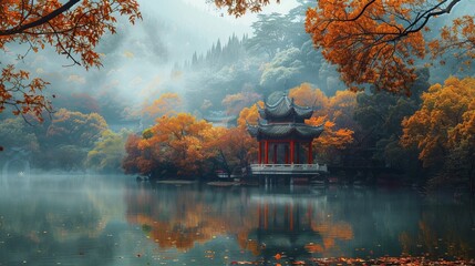 A serene, misty lakeside scene featuring a pagoda surrounded by autumn trees in shades of orange, reflecting on the water and evoking a tranquil and ethereal atmosphere.