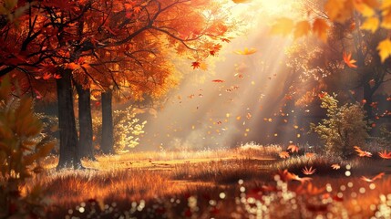 A beautifully sunlit forest scene showcasing a thick bed of colorful fallen leaves, with trees displaying vibrant autumn foliage, capturing the serene essence of fall.