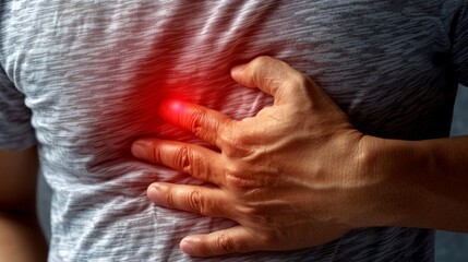 Fototapeta premium Close-up of a Man Experiencing Severe Heartburn or Chest Pain, Indicating Potential Health Issues