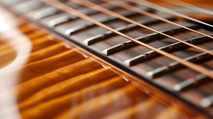 Fototapeta premium Extreme view of a guitar with a shiny coating. Strings of a guitar with intricate patterns of shiny wood.