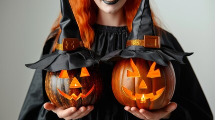Girl Wearing Black Costume and Holding Two Jack-o-lanterns with Burning Candles Inside