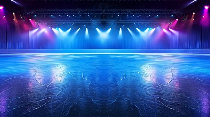 An empty ice rink illuminated with colorful lights hanging from above, creating a vibrant and dynamic atmosphere, and highlighting the serenity of the frozen surface.
