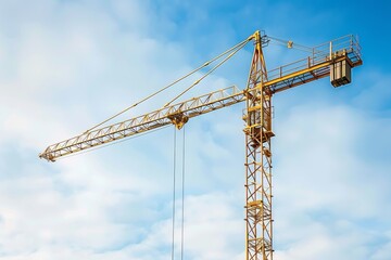 Yellow tower crane, mechanism engineering for concrete structure construction blue sky background