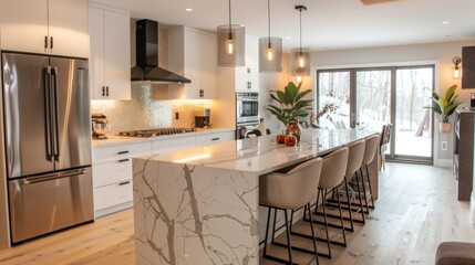 modern kitchen design, a modern kitchen featuring quartz countertops and pendant lights above the island, combining luxury and functionality in the design