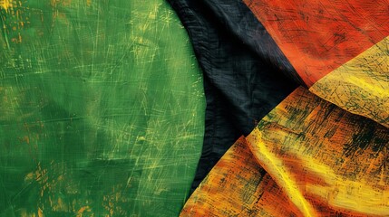 A visually striking abstract representation of distressed flags in predominantly vibrant green and orange colors, symbolizing cultural unity and the richness of heritage.