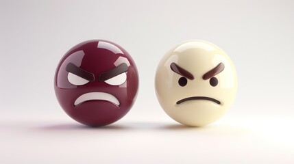 Fototapeta premium A duo of emojis, one in simple burgundy with an angry scowl, and another in cream with a soothing smile, against a white background