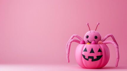 Naklejka premium Pink Halloween Concept Spider Carrying Lollipops in a Jack-o-Lantern Bucket on Pink Background