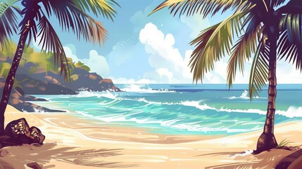 Naklejka premium Beautiful tropical beach with palm trees and gentle ocean waves, showcasing a serene and relaxing coastal scene, perfect for vacation or travel concept.