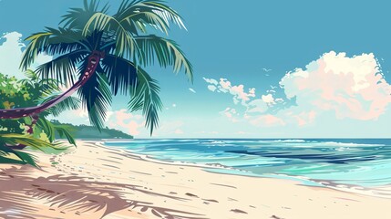 Pristine exotic beach featuring a palm tree elegantly leaning over the clear blue waters of the ocean. The serene and peaceful ambiance is ideal for a getaway dream.