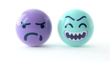 Fototapeta premium Two face emojis, one in simple violet expressing sadness, and another in mint showing a big grin, isolated on a white background