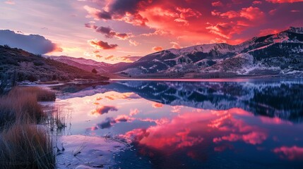 A captivating scene with a mirror-like lake reflecting a fiery orange sky during the evening, surrounded by mountains and sparse vegetation, presenting a majestic natural beauty.