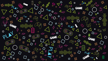 Game background with gamepad, joystick geometric pattern and graphic elements. Outline neon design vector illustration © AdyZakaria