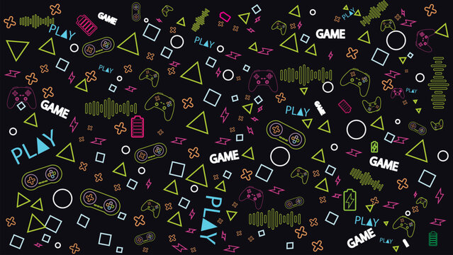Game background with gamepad, joystick geometric pattern and graphic elements. Outline neon design vector illustration