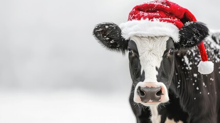 A cow adorned with a Santa hat standing in a snowy field, embodying a festive Christmas theme with...