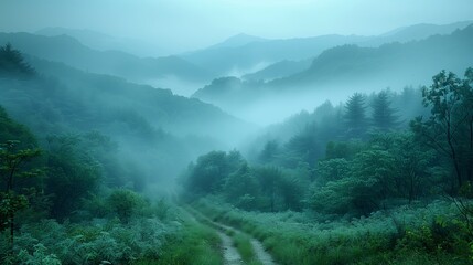 Obraz premium Foggy Mountain Road in the Early Morning