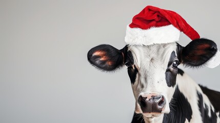 An image showing a black and white cow with a Santa hat in a setting featuring a gray background, presenting a playful and creative twist on holiday and farm themes.