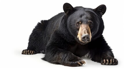 Fototapeta premium This image captures a black bear laying down on a white background, showcasing the bear's grace and relaxed posture, representing tranquility and the majesty of nature.
