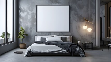  A modern bedroom with a grey color palette, featuring a large empty Mock up framed artwork, minimalist furniture, and cozy bedding, creating a serene and stylish ambiance.