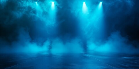 Illustration of a blue abstract empty background with neon lights and smoke inside. Empty blue studio space with spotlights and smoke.