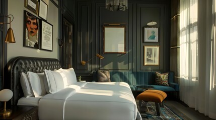  An eclectic bedroom with a mix of vibrant colors and textures, featuring a large framed abstract painting above the bed and unique furniture pieces, creating a dynamic and artistic atmosphere.