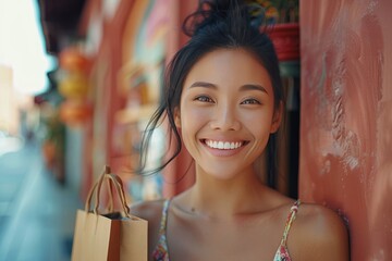 An attractive young Asian woman with long dark hair and a bright smile on her face, standing confidently in front of a colorful building in a casual outfit, exuding happiness.