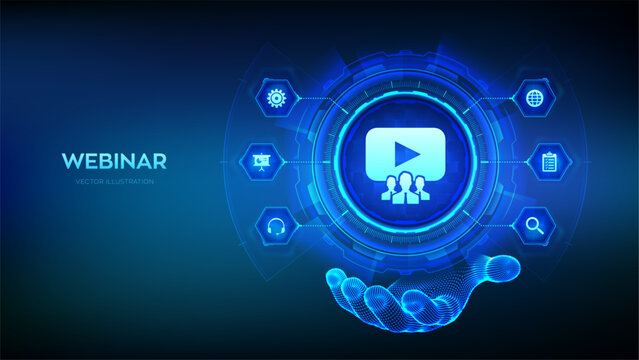 Webinar icon in wireframe hand. Internet conference. Web based seminar. Distance Learning. E-learning Training business technology Concept on virtual screen. Vector illustration.