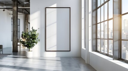 A minimalist bedroom with white and grey tones, featuring a large framed empty canvas above the bed and minimal decor.
