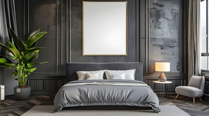 A modern bedroom with dark tones and a large framed empty canvas above the bed, creating a sophisticated and stylish atmosphere
