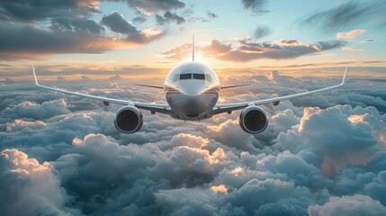 A modern white airplane soaring high above the fluffy white clouds during sunset. The sky is a stunning blend of blue and orange hues, creating a breathtaking scene of aerial travel.