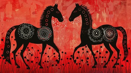 An artistic depiction of two black horses standing on a red background decorated with intricate floral patterns, conveying a sense of elegance and cultural artistry.