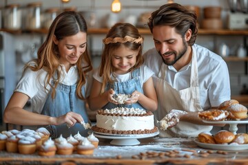 Family Decorating Birthday Cake In Kitchen