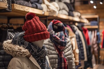 Winter Fashion Display with Red Knit Beanie and Fur Trimmed Jacket