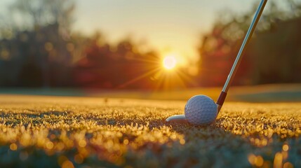A golf club and ball are perfectly poised on a green, with the rising sun creating a soft, warm glow over the scene, symbolizing the promise of a new day.