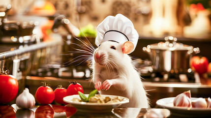 A whimsical of a white rat dressed as a professional chef cooking and preparing a gourmet meal in a high end luxurious kitchen setting  The scene showcases the rat s culinary skills and the creative