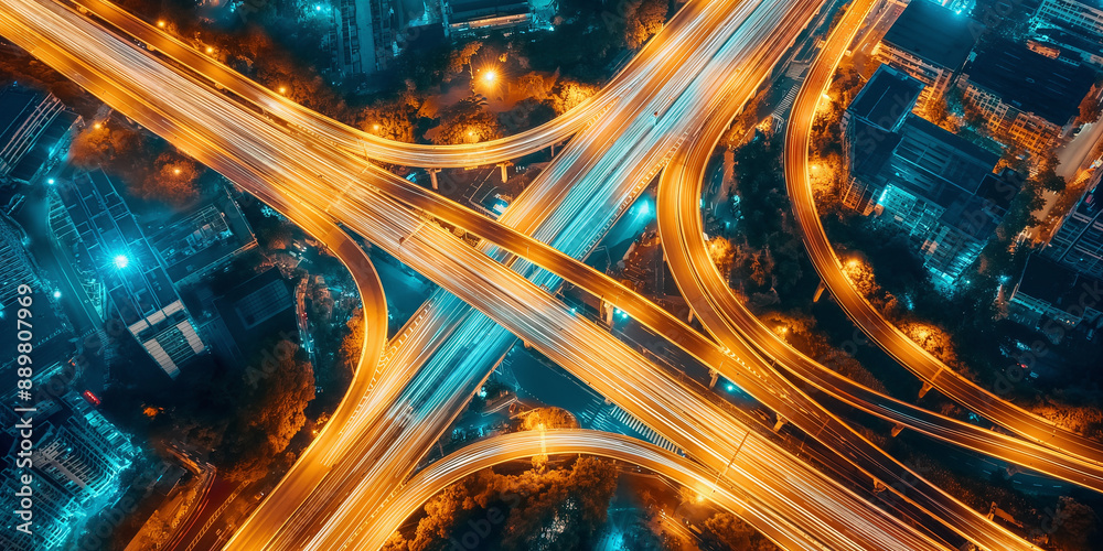 Aufkleber complex highway interchange connecting traffic flow at night