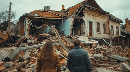 Unhappy people look at the destroyed house after the earthquake disaster. Despair and tragedy