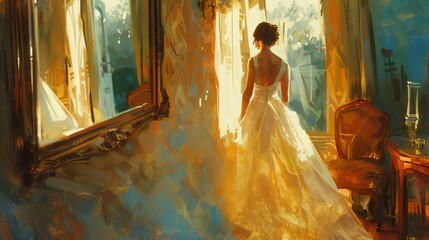 A dramatic scene of a bride standing in a sunlit room by the window, the golden light casting long, artistic shadows across her flowing gown, creating a timeless, classic moment.