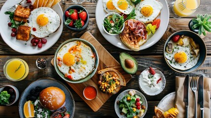 A richly set table adorned with multiple plates of breakfast delights, including hearty servings of eggs, fresh vegetables, and other sumptuous morning meals with vibrant garnishes.