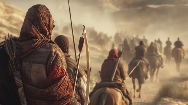 Realistic Cinematic Shot, view from backside of two muslim Warriors on foot, Shooting arrows the Distance at enemy cavalry charging towards them, In a desert