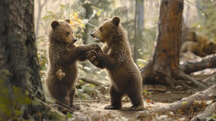 Fototapeta premium Two bear cubs are captured in a moment of play and bonding, holding onto each other in a richly textured forest, under the soft light filtering through the leaves.