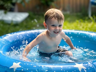 A cute little boy is playing in an inflatable pool, it's summer outside at home, real photo style, the child splashes around with joy 