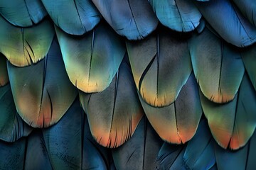 Obraz premium Close-up of vibrant bird feathers, showcasing iridescent colors and intricate patterns. Perfect for themes of nature, wildlife, and art.